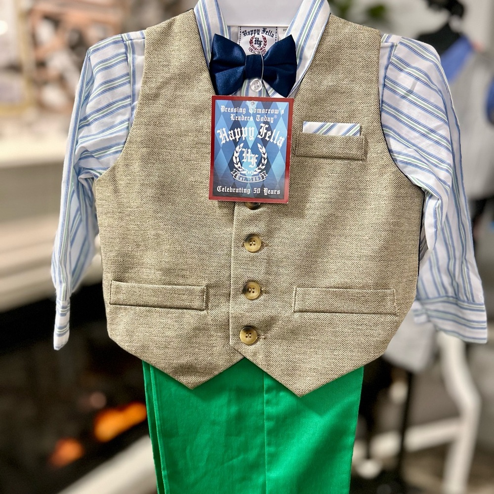 Kids Vest and Shirt Set - Green and Tan